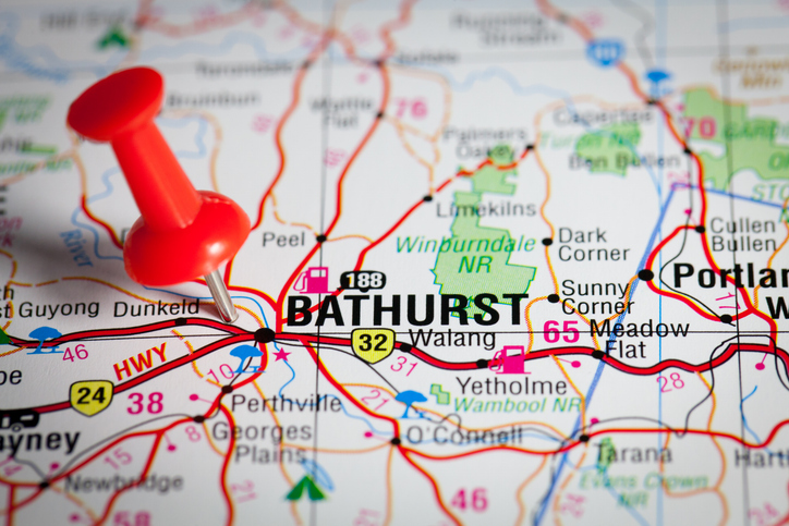 Bathurst, New South Wales, Australia shown on a map.